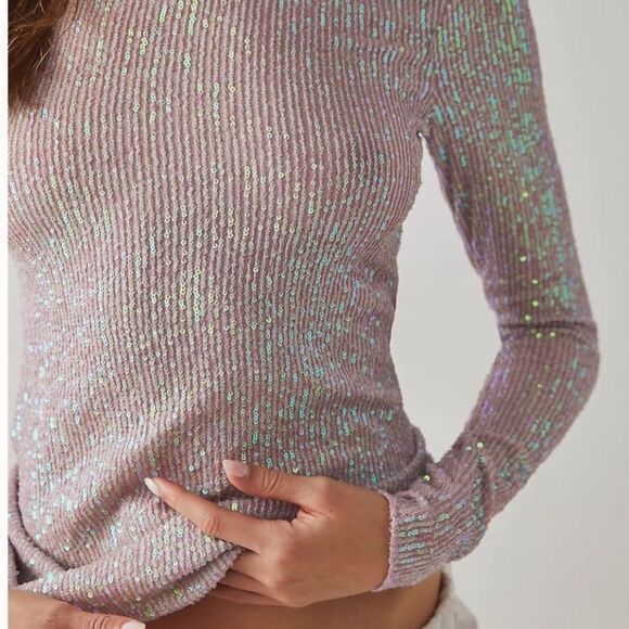 Nwt free people gold rush sequin long sleeve top champagne float purple - Picture 3 of 7